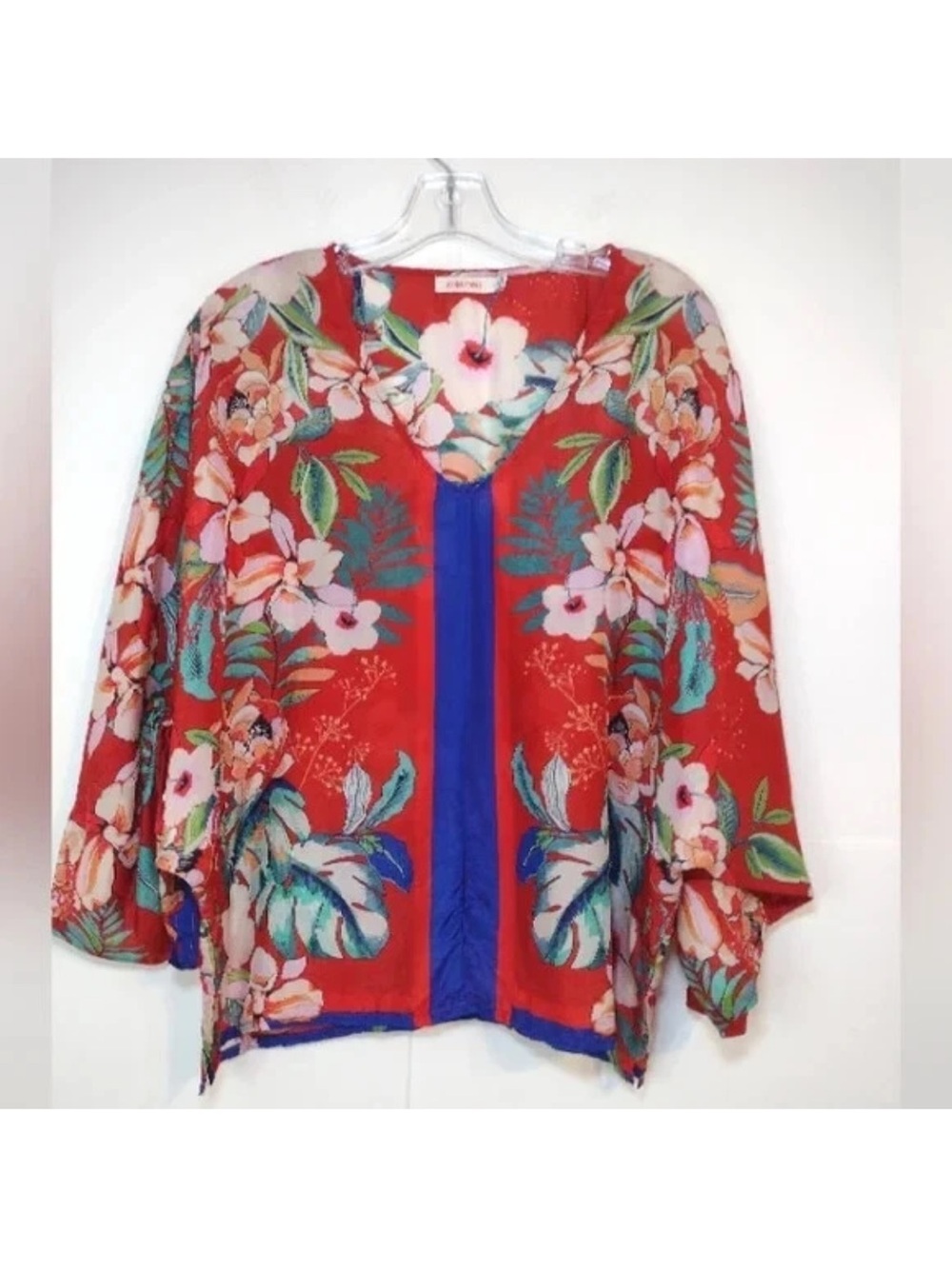 Johnny Was Red Floral Open-Front Blouse with Blue Trim tie and tassel sleeves